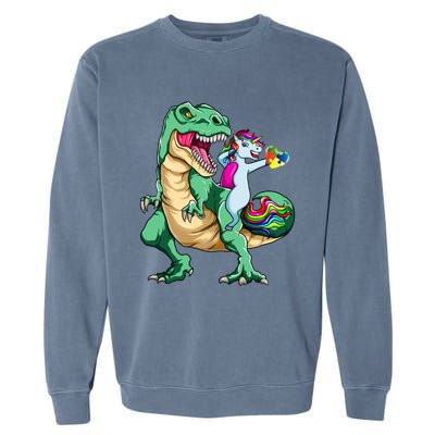 Unicorn Riding Dinosaur Autism Awareness Valentines Day Gift Cute Gift Garment-Dyed Sweatshirt