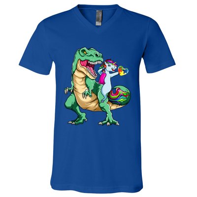 Unicorn Riding Dinosaur Autism Awareness Valentines Day Gift Cute Gift V-Neck T-Shirt