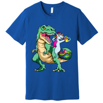 Unicorn Riding Dinosaur Autism Awareness Valentines Day Gift Cute Gift Premium T-Shirt