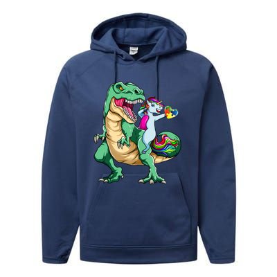 Unicorn Riding Dinosaur Autism Awareness Valentines Day Gift Cute Gift Performance Fleece Hoodie