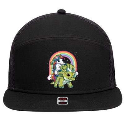 Unicorn Riding Dinosaur Triceratops Funny Boys Girls Rainbow Gift 7 Panel Mesh Trucker Snapback Hat