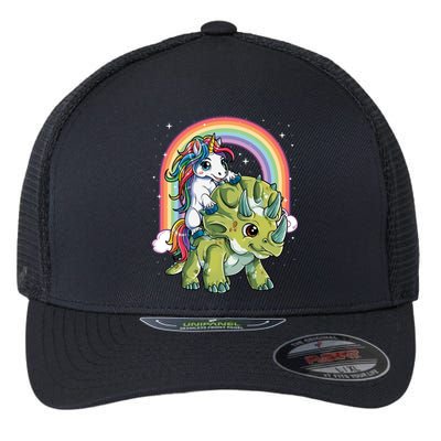 Unicorn Riding Dinosaur Triceratops Funny Boys Girls Rainbow Gift Flexfit Unipanel Trucker Cap