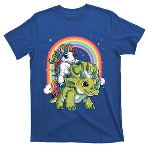 Unicorn Riding Dinosaur Triceratops Funny Boys Girls Rainbow Gift T-Shirt