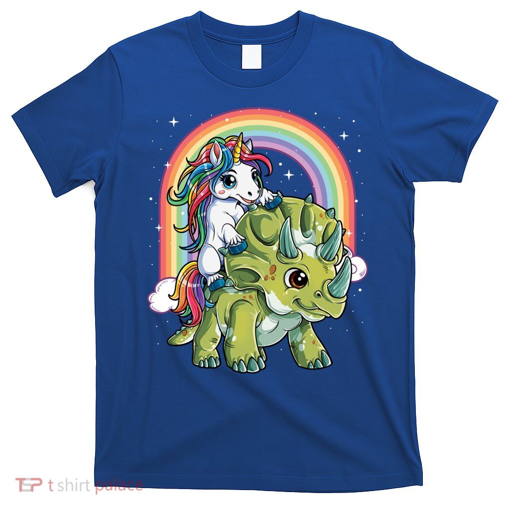 Unicorn Riding Dinosaur Triceratops Funny Boys Girls Rainbow Gift T-Shirt