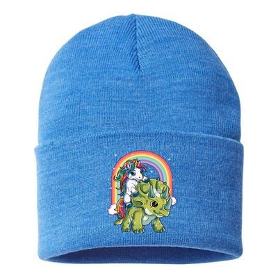 Unicorn Riding Dinosaur Triceratops Funny Boys Girls Rainbow Gift Sustainable Knit Beanie