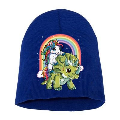 Unicorn Riding Dinosaur Triceratops Funny Boys Girls Rainbow Gift Short Acrylic Beanie