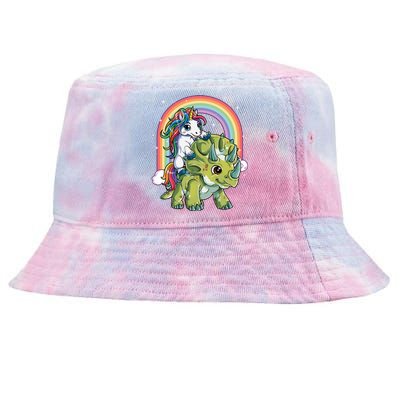 Unicorn Riding Dinosaur Triceratops Funny Boys Girls Rainbow Gift Tie-Dyed Bucket Hat