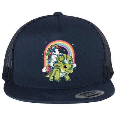 Unicorn Riding Dinosaur Triceratops Funny Boys Girls Rainbow Gift Flat Bill Trucker Hat