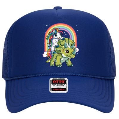 Unicorn Riding Dinosaur Triceratops Funny Boys Girls Rainbow Gift High Crown Mesh Back Trucker Hat