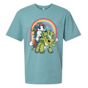 Unicorn Riding Dinosaur Triceratops Funny Boys Girls Rainbow Gift Sueded Cloud Jersey T-Shirt