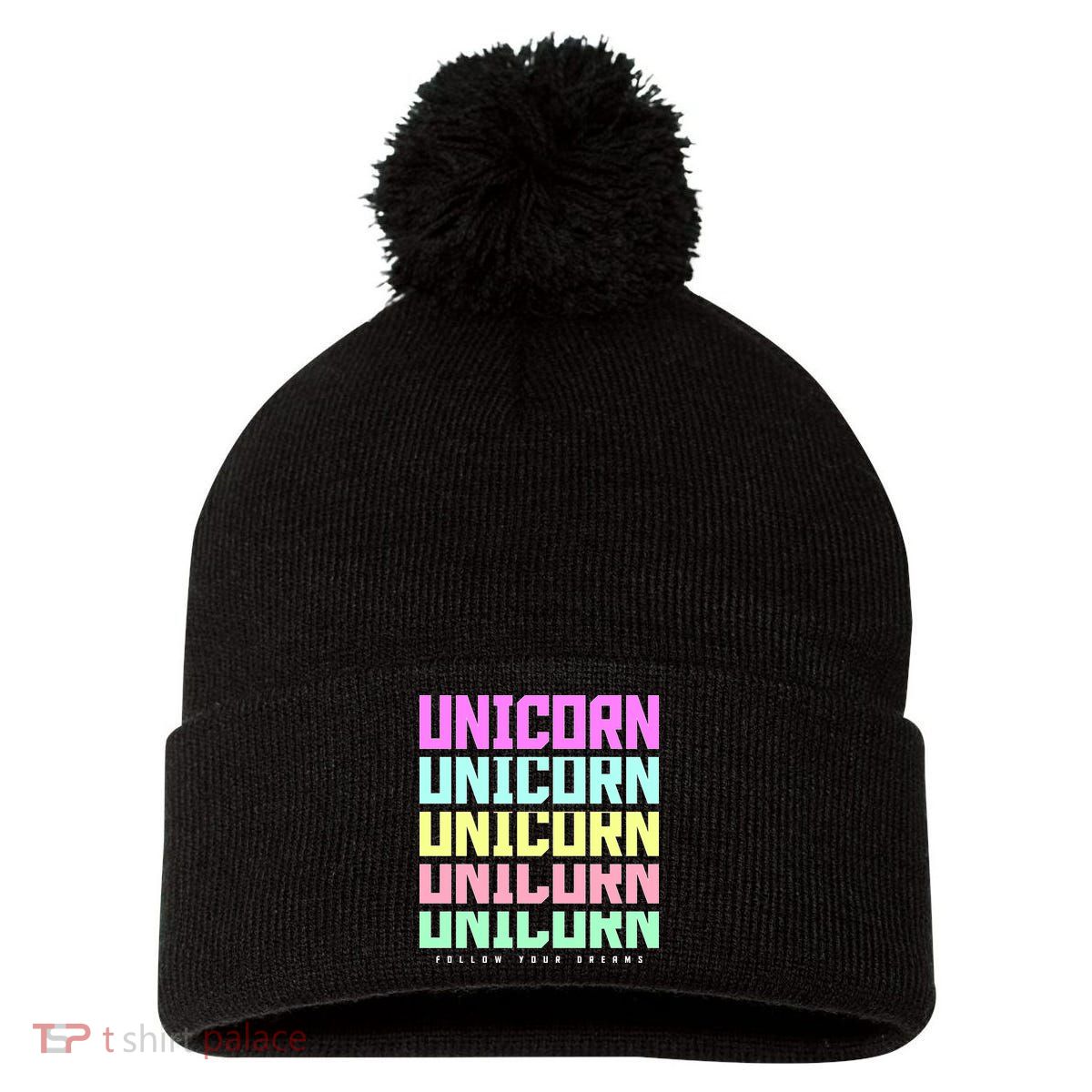 Unicorn Repeat Follow Your Dream Pom Pom 12in Knit Beanie