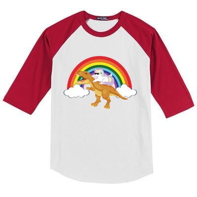 Unicorns Rainbow Funny Gift Unicorn Riding T Rex Dinosaur Cute Gift Kids Colorblock Raglan Jersey