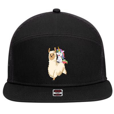 Unicorn Riding Llama 7 Panel Mesh Trucker Snapback Hat