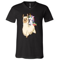 Unicorn Riding Llama V-Neck T-Shirt