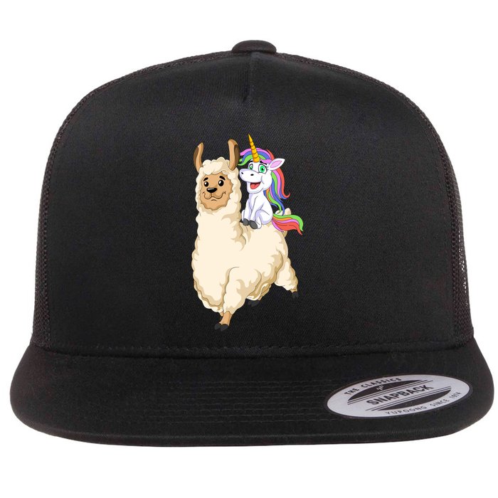 Unicorn Riding Llama Flat Bill Trucker Hat