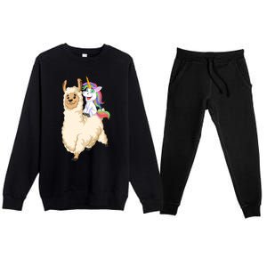 Unicorn Riding Llama Premium Crewneck Sweatsuit Set