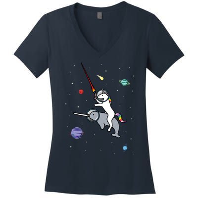 Unicorn Riding Narwhal In Space Women's V-Neck T-Shirt