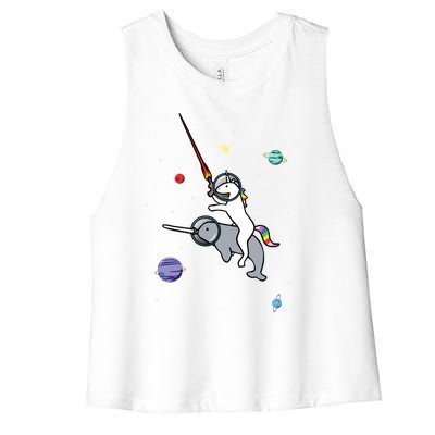 Unicorn Riding Narwhal In Space Women's Racerback Cropped Tank