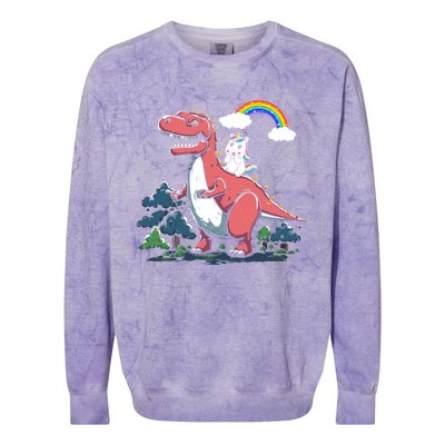 Unicorn Riding On Dinosaur Rainbow Gift Colorblast Crewneck Sweatshirt