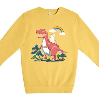 Unicorn Riding On Dinosaur Rainbow Gift Premium Crewneck Sweatshirt