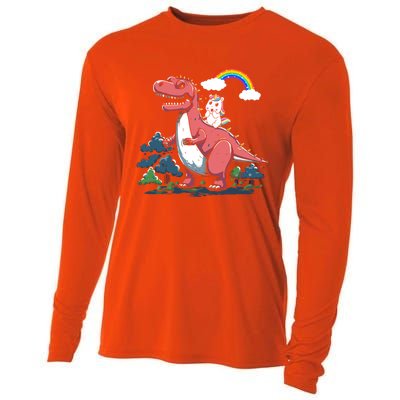 Unicorn Riding On Dinosaur Rainbow Gift Cooling Performance Long Sleeve Crew