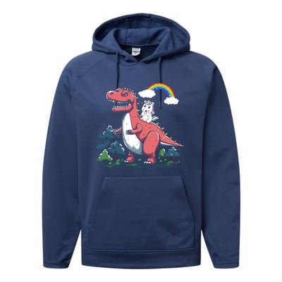 Unicorn Riding On Dinosaur Rainbow Gift Performance Fleece Hoodie