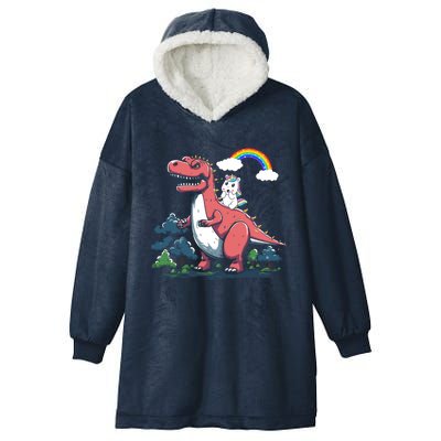 Unicorn Riding On Dinosaur Rainbow Gift Hooded Wearable Blanket