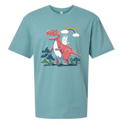 Unicorn Riding On Dinosaur Rainbow Gift Sueded Cloud Jersey T-Shirt