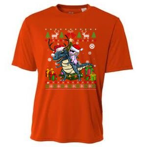 Unicorn Riding On Dinosaur Santa Hat Ugly Christmas Sweater Gift Cooling Performance Crew T-Shirt