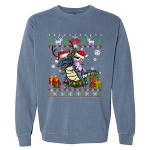 Unicorn Riding On Dinosaur Santa Hat Ugly Christmas Sweater Gift Garment-Dyed Sweatshirt