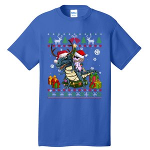 Unicorn Riding On Dinosaur Santa Hat Ugly Christmas Sweater Gift Tall T-Shirt