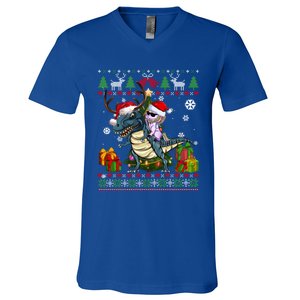 Unicorn Riding On Dinosaur Santa Hat Ugly Christmas Sweater Gift V-Neck T-Shirt