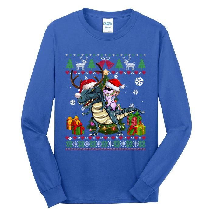 Unicorn Riding On Dinosaur Santa Hat Ugly Christmas Sweater Gift Tall Long Sleeve T-Shirt