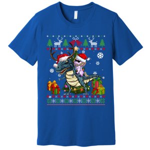 Unicorn Riding On Dinosaur Santa Hat Ugly Christmas Sweater Gift Premium T-Shirt