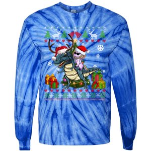 Unicorn Riding On Dinosaur Santa Hat Ugly Christmas Sweater Gift Tie-Dye Long Sleeve Shirt