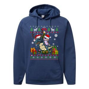 Unicorn Riding On Dinosaur Santa Hat Ugly Christmas Sweater Gift Performance Fleece Hoodie