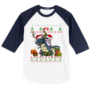 Unicorn Riding On Dinosaur Santa Hat Ugly Christmas Sweater Gift Baseball Sleeve Shirt