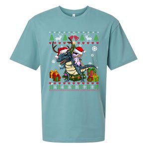 Unicorn Riding On Dinosaur Santa Hat Ugly Christmas Sweater Gift Sueded Cloud Jersey T-Shirt