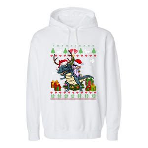 Unicorn Riding On Dinosaur Santa Hat Ugly Christmas Sweater Gift Garment-Dyed Fleece Hoodie