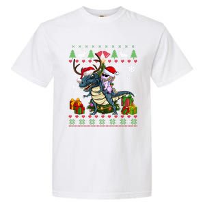 Unicorn Riding On Dinosaur Santa Hat Ugly Christmas Sweater Gift Garment-Dyed Heavyweight T-Shirt