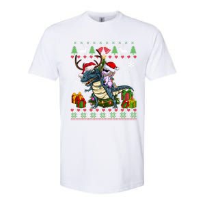 Unicorn Riding On Dinosaur Santa Hat Ugly Christmas Sweater Gift Softstyle CVC T-Shirt