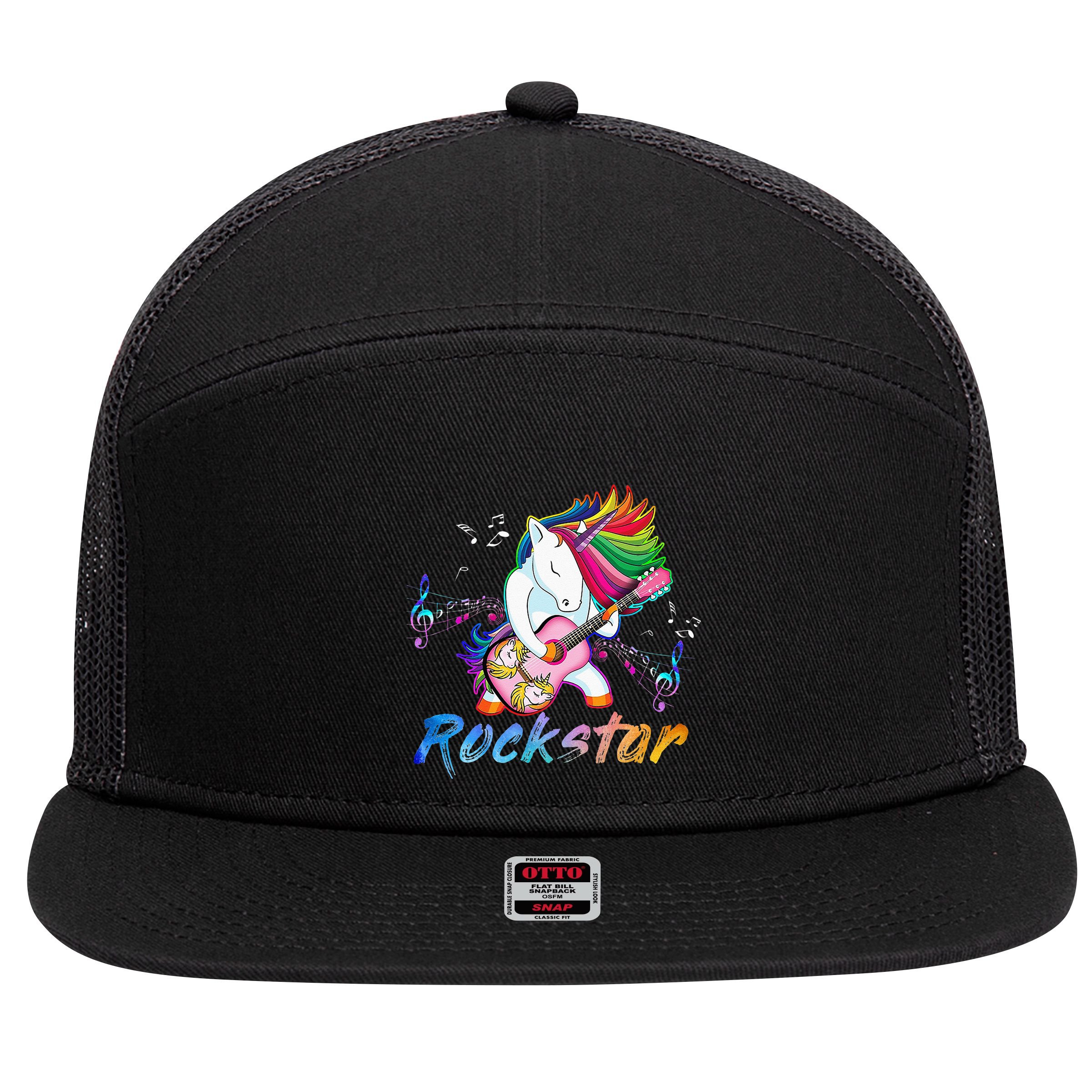 Unicorn Rock Star Guitar Rockin Music Singer Tee 7 Panel Mesh Trucker Snapback Hat