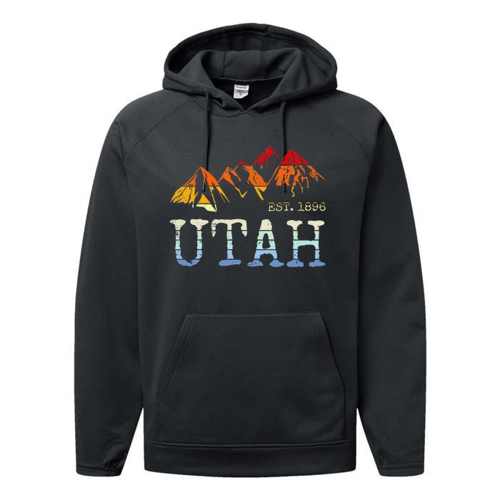 Utah Retro Sunset Vintage Mountain Home Est 1896 Cool Hiking Performance Fleece Hoodie