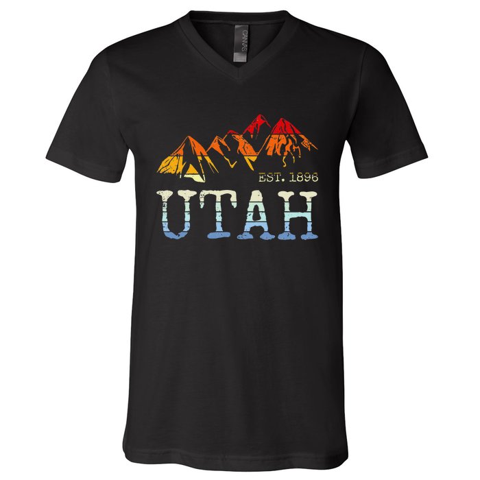 Utah Retro Sunset Vintage Mountain Home Est 1896 Cool Hiking V-Neck T-Shirt