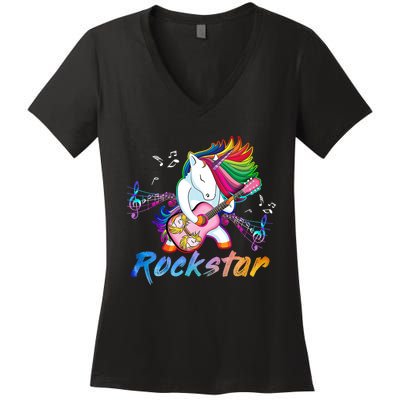 Unicorn Rock Star Guitar Rockin Music Singer Women's V-Neck T-Shirt