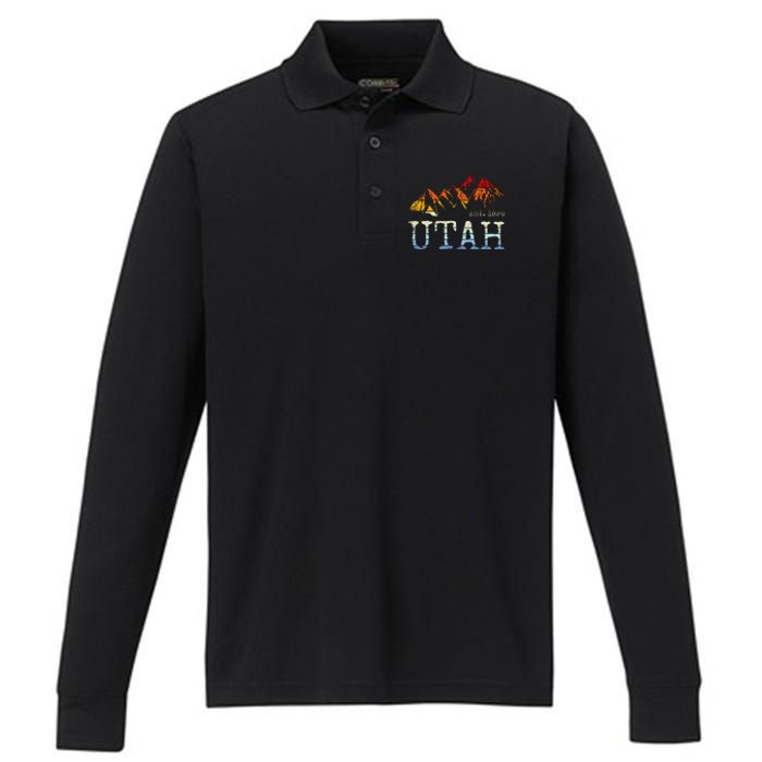 Utah Retro Sunset Vintage Mountain Home Est 1896 Cool Hiking Performance Long Sleeve Polo