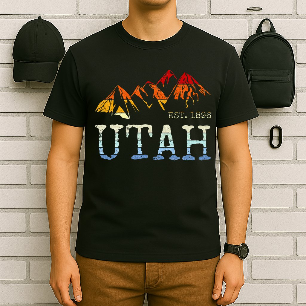 Utah Retro Sunset Vintage Mountain Home Est 1896 Cool Hiking T-Shirt