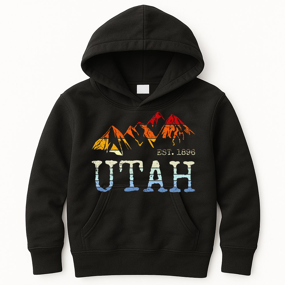 Utah Retro Sunset Vintage Mountain Home Est 1896 Cool Hiking Kids Hoodie