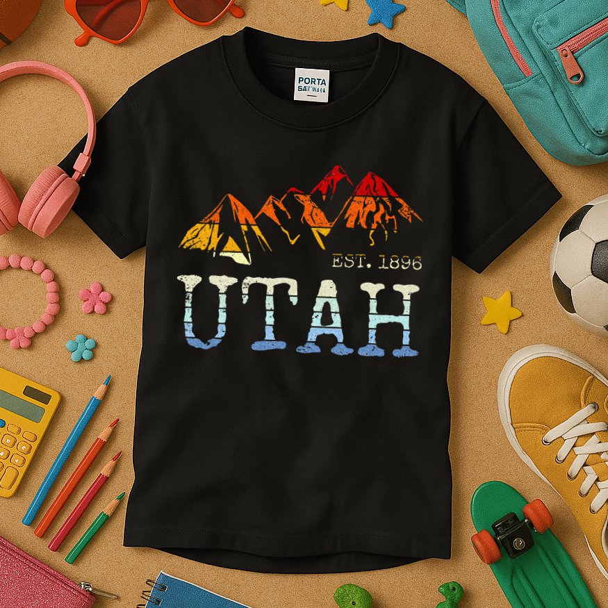 Utah Retro Sunset Vintage Mountain Home Est 1896 Cool Hiking Kids T-Shirt