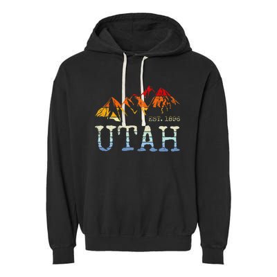 Utah Retro Sunset Vintage Mountain Home Est 1896 Cool Hiking Garment-Dyed Fleece Hoodie